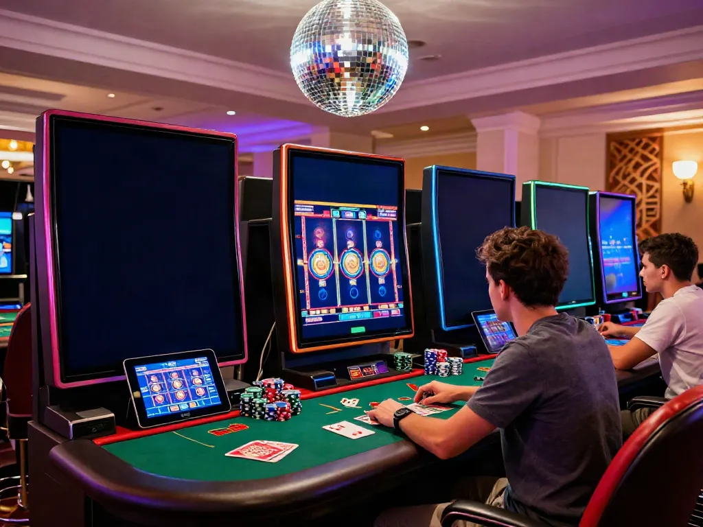 Joueur profitant de l'expérience immersive sur DiscoWin casino avec ambiance disco et équipements de jeu.