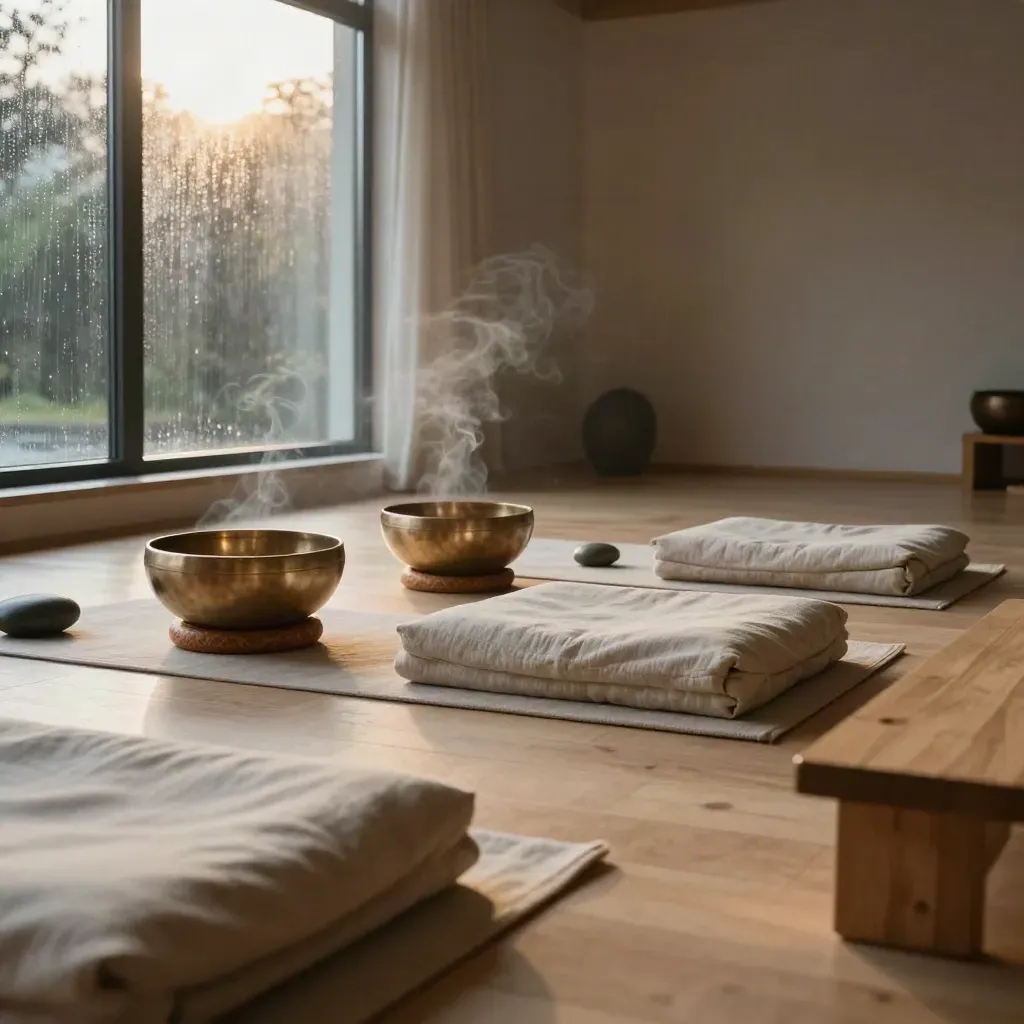 Studio de méditation aux bols chantants, zafus écrus et brume d’aube après la pluie.