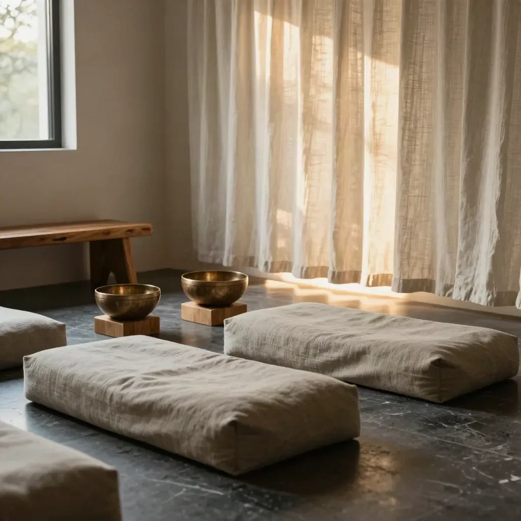 Salle de méditation avec trois zafus, bol chantant, banc en bois et rideau de lin, lumière douce.