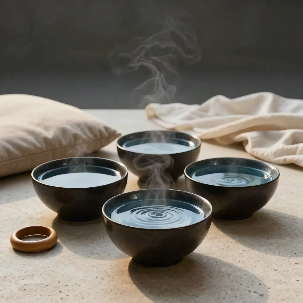 Trois bols d’eau sombre, un anneau en bois, un coussin et un voile léger dans une salle calme.