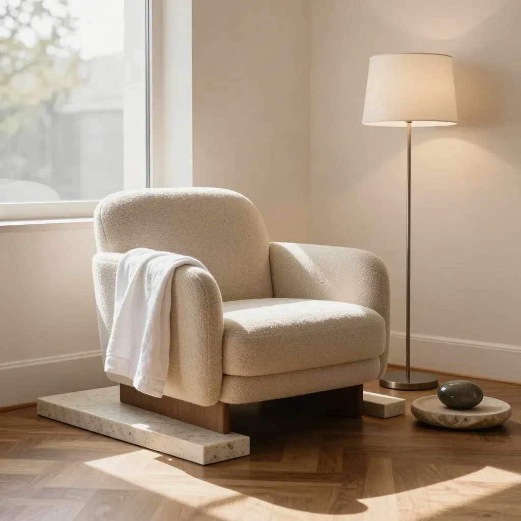 Coin de coaching anti-stress avec fauteuil bas, lampe douce, galet et couverture en laine.