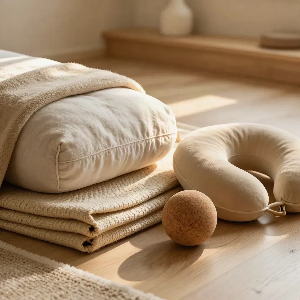 Espace de relaxation avec tapis épais, traversin, couverture, balle en liège et coussin de nuque.