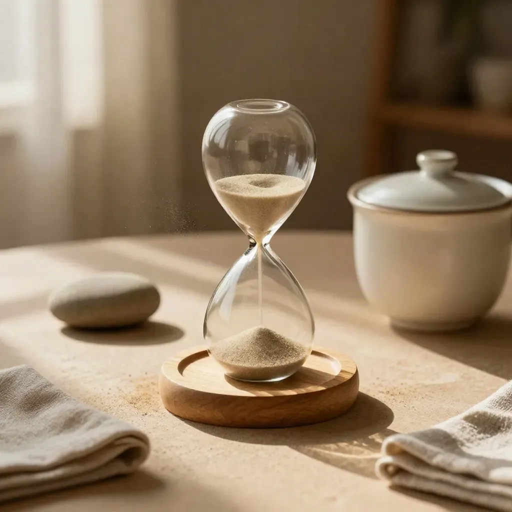 Table de pleine conscience avec sablier, pierre de rivière et tasse en céramique sur bois.