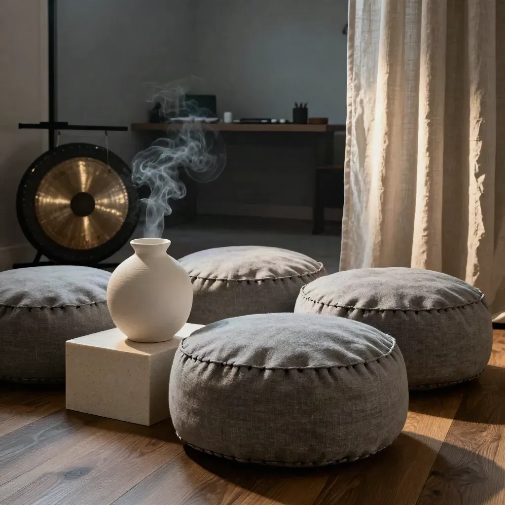 Coin de pause zen avec zafus, gong et diffuseur, ouvert sur un bureau calme