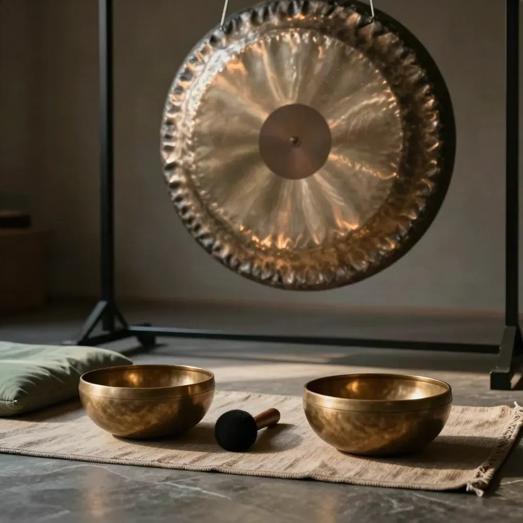 Gong suspendu, bols tibétains et coussins de méditation dans une salle baignée de lumière douce.