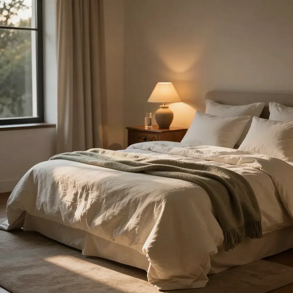Chambre apaisée au crépuscule, lit défait, lampe douce et rideaux lourds.