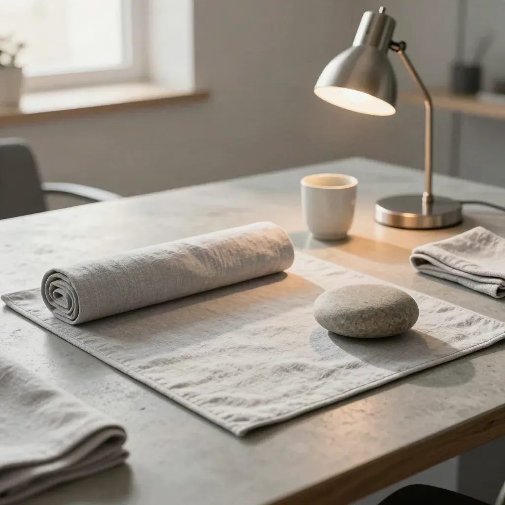 Coin de bureau réaménagé pour une pause respiration, tapis roulé, coussin et lampe éteinte.