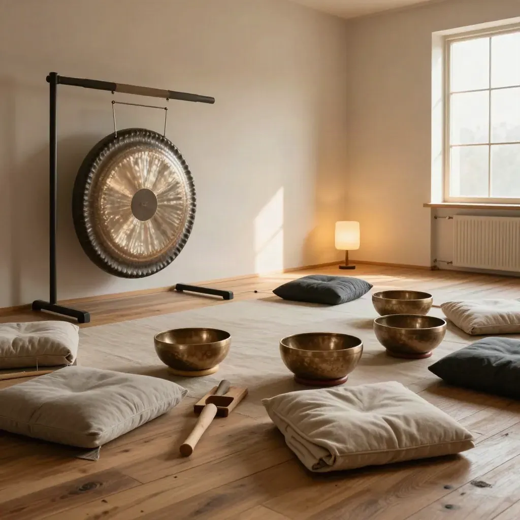 Salle de bain sonore vide avec zafus, bols chantants, gong et tapis dans une lumière douce.