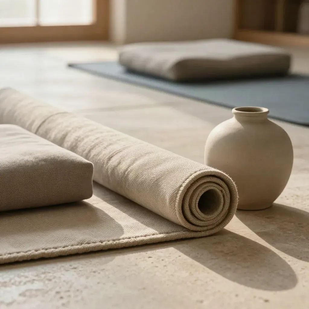 Vue macro de coussins de méditation, tapis roulé et vase sobre dans une salle apaisée.