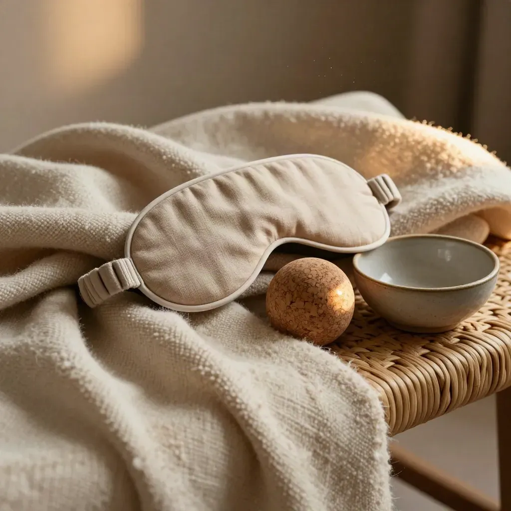 Gros plan textile d’une routine de relaxation : plaid en laine, masque en lin, balle en liège, bol céramique.