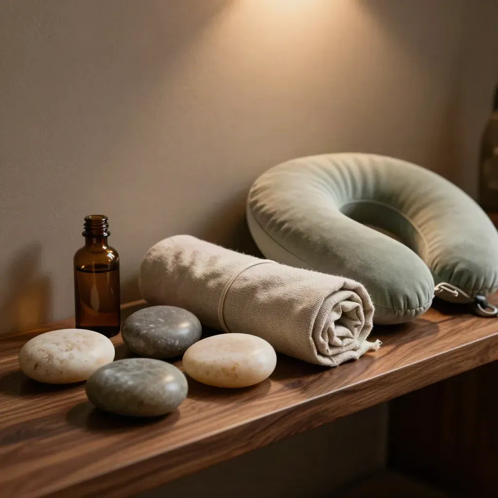 Kit anti-stress avec galets de respiration, flacon ambré, lin roulé et coussin nuque sur noyer.