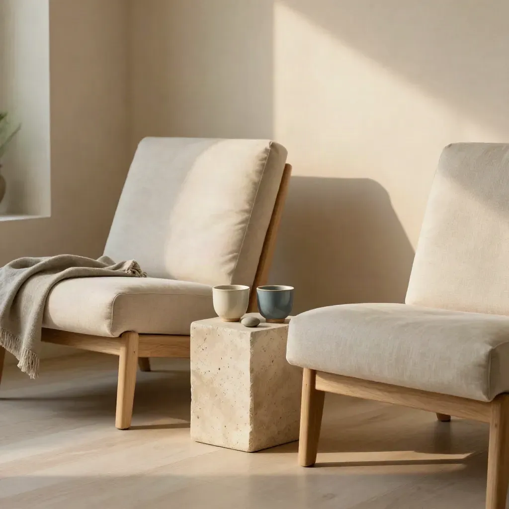 Deux fauteuils écrus, deux tasses et un galet sur une table en pierre, ambiance de calme intime.