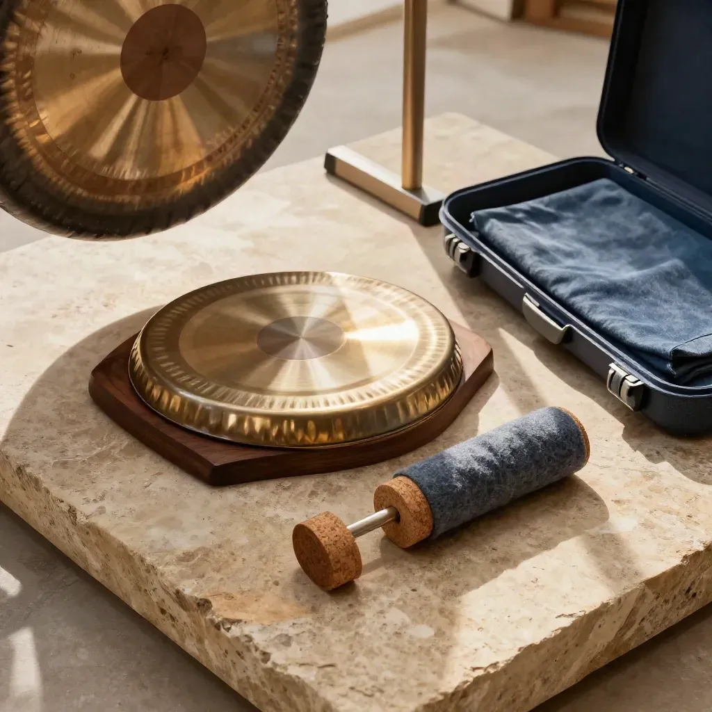 Vue zénithale d’un kit d’atelier méditation avec gong, mailloche et coussins sur pierre.