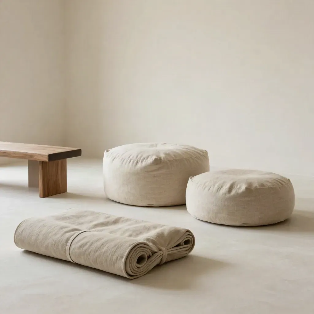 Trois zafus, un tapis roulé et un banc bas sur fond clair et apaisant.