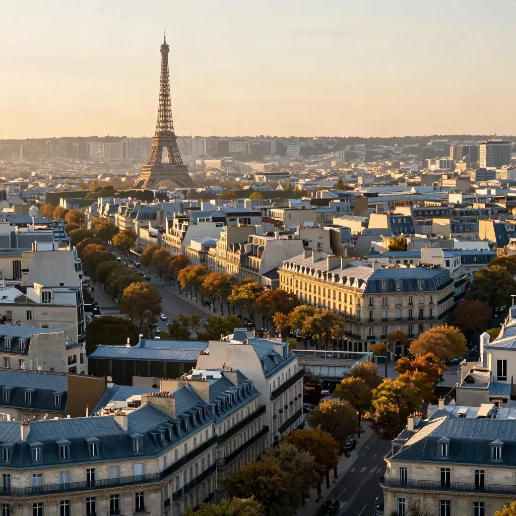Vue aérienne de Paris Ouest au soleil couchant avec la tour Eiffel au loin.
