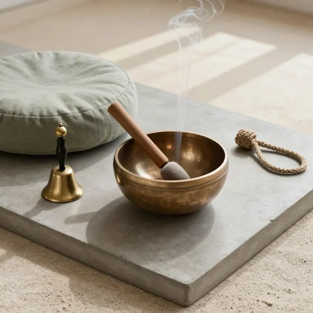 Vue zénithale d’un bol chantant, clochette, coussin de méditation et cordelette sur plateau mat.