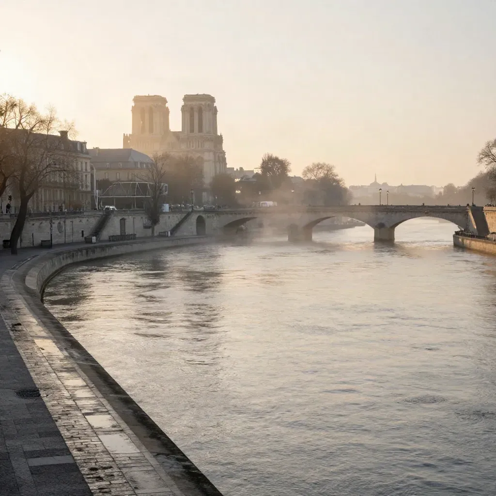 Vue large de la Seine au lever du jour, ponts et île de la Cité noyés dans la brume.