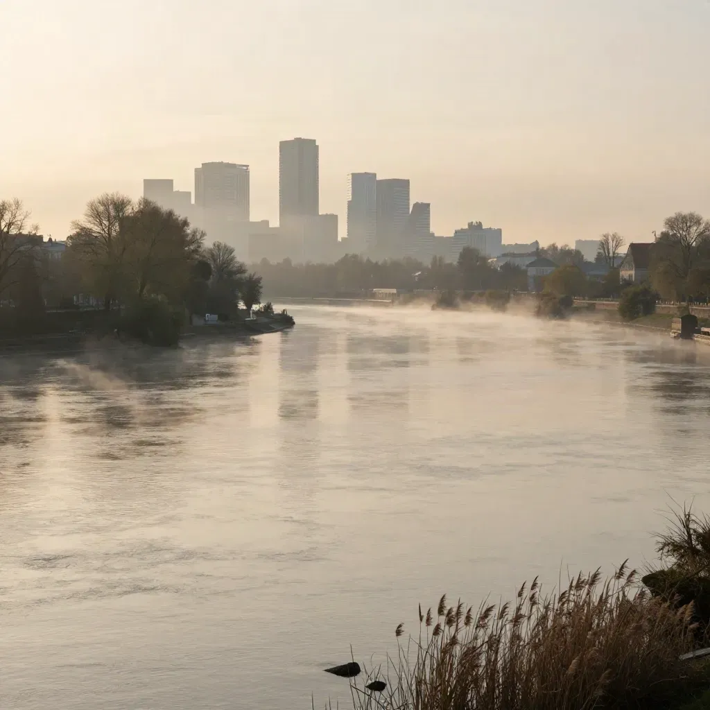 Vue brumeuse de la Seine à Hauts-de-Seine, avec La Défense au loin et berges arborées.