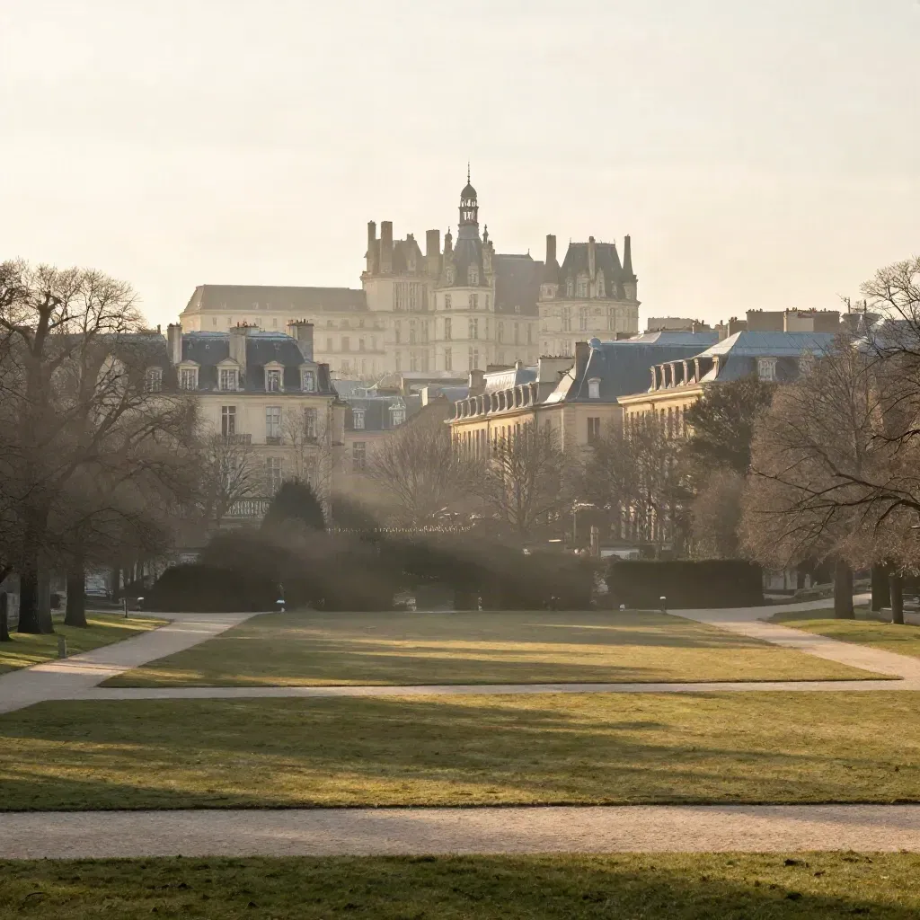 Vue large des toits de Versailles au-dessus d’un parc calme, dans une lumière dorée et une brume légère.