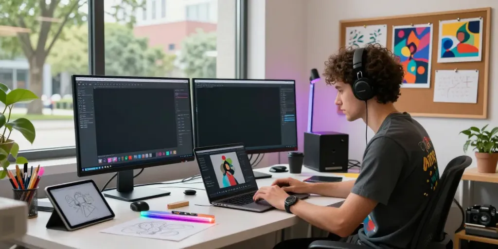 Creative workspace showcasing an artist using an ai nsfw image generator with vibrant art supplies.
