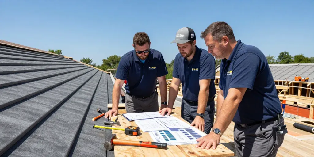 Les entrepreneurs en toiture évaluent un projet de toit Atlas pro sur un chantier ensoleillé.